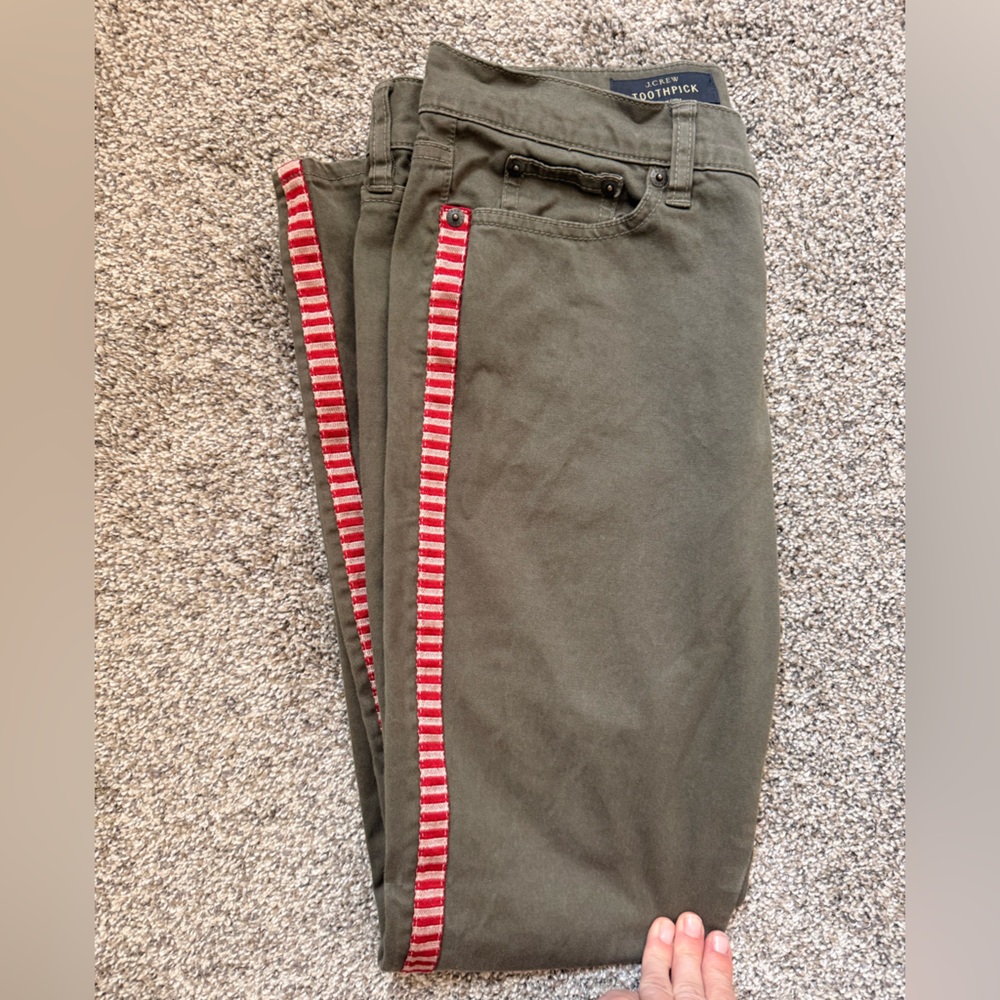 J. Crew Olive Green Cigarette Red & White Striped Side Trim